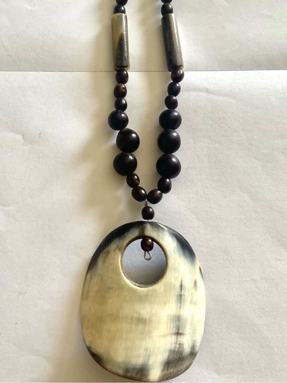 Vintage Brown Bead Necklace Polished Horn Pendant With Matching Tubular Spacers